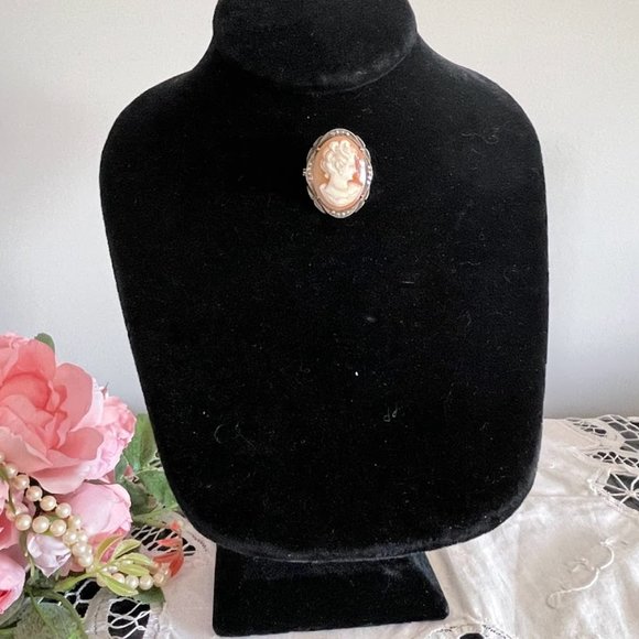 Romantic Carved Shell Cameo Brooch, Silver and Marcasite Frame, Vintage Jewelry - Picture 10 of 11